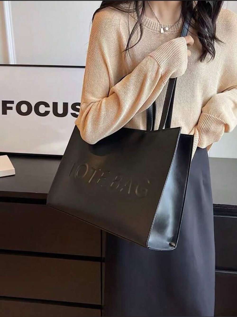 New Arrivals! Black Tote Bag with Embossed 'TOTE BAG' - Women Bags